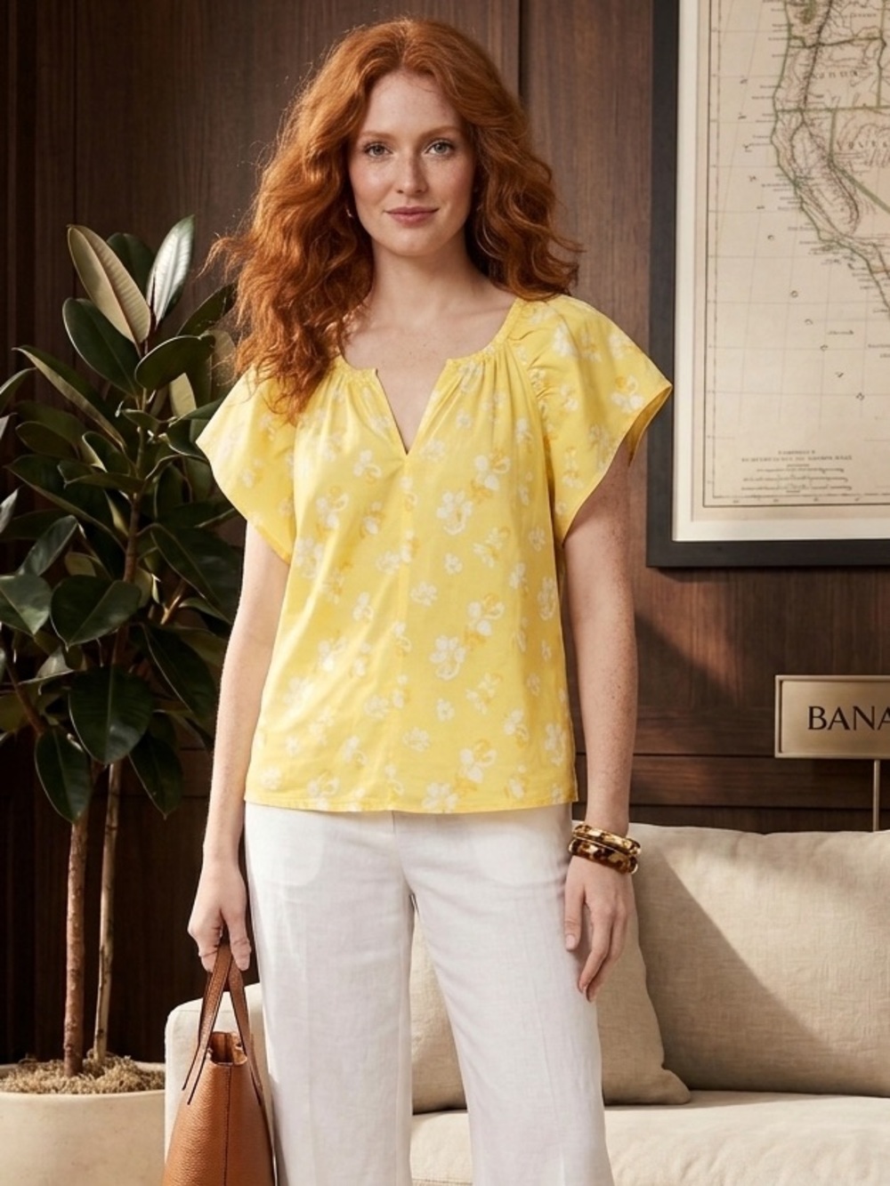 Banana Republic Yellow Floral Flutter-Sleeve Top
